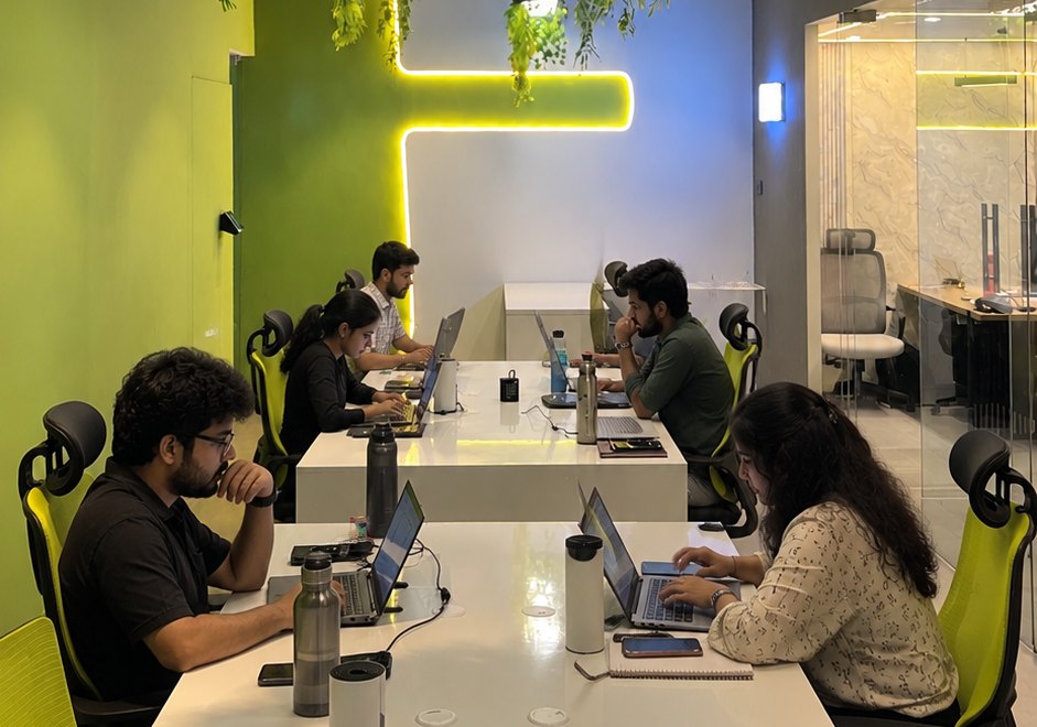 The team working at laptops in the lime-lit Cozmic Rabbit office