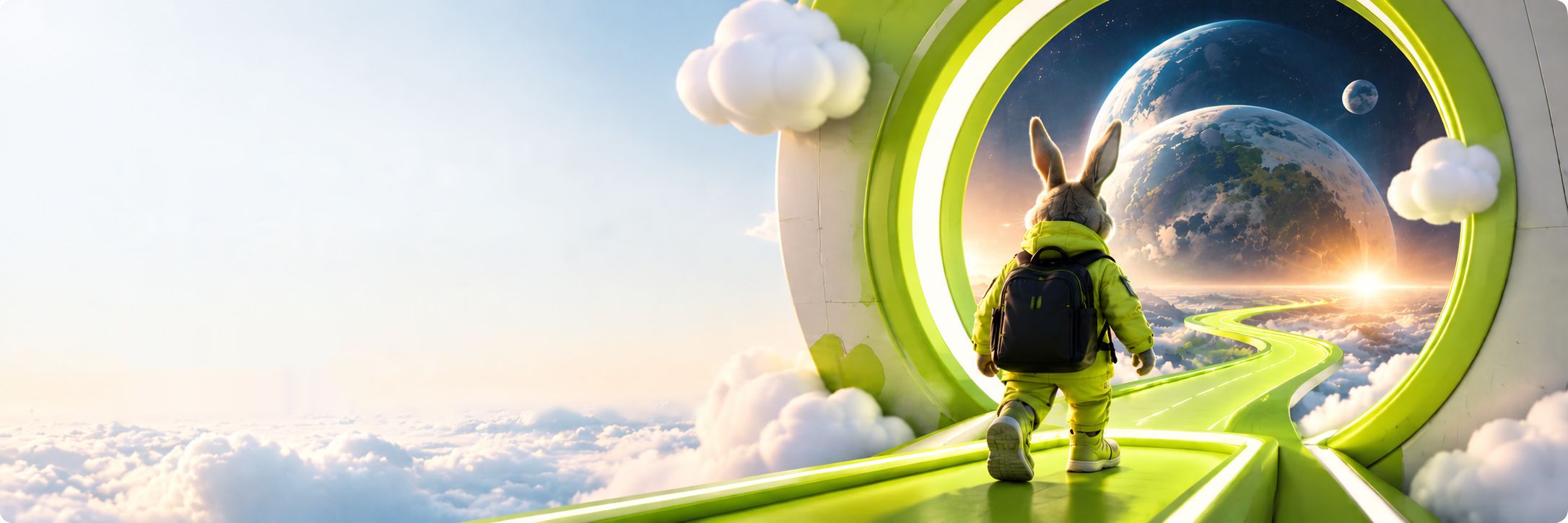 The Cozmic Rabbit walking a glowing lime path through a portal toward a new planet above the clouds